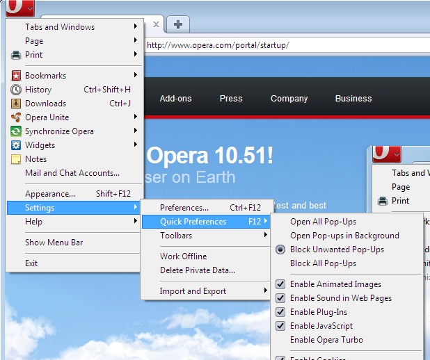 screenshot of popup blocker settings in opera for PC