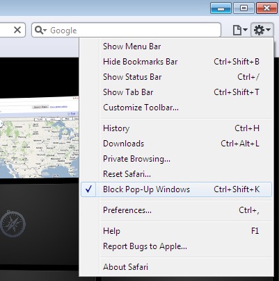 screen shot of popup control for safari for PC